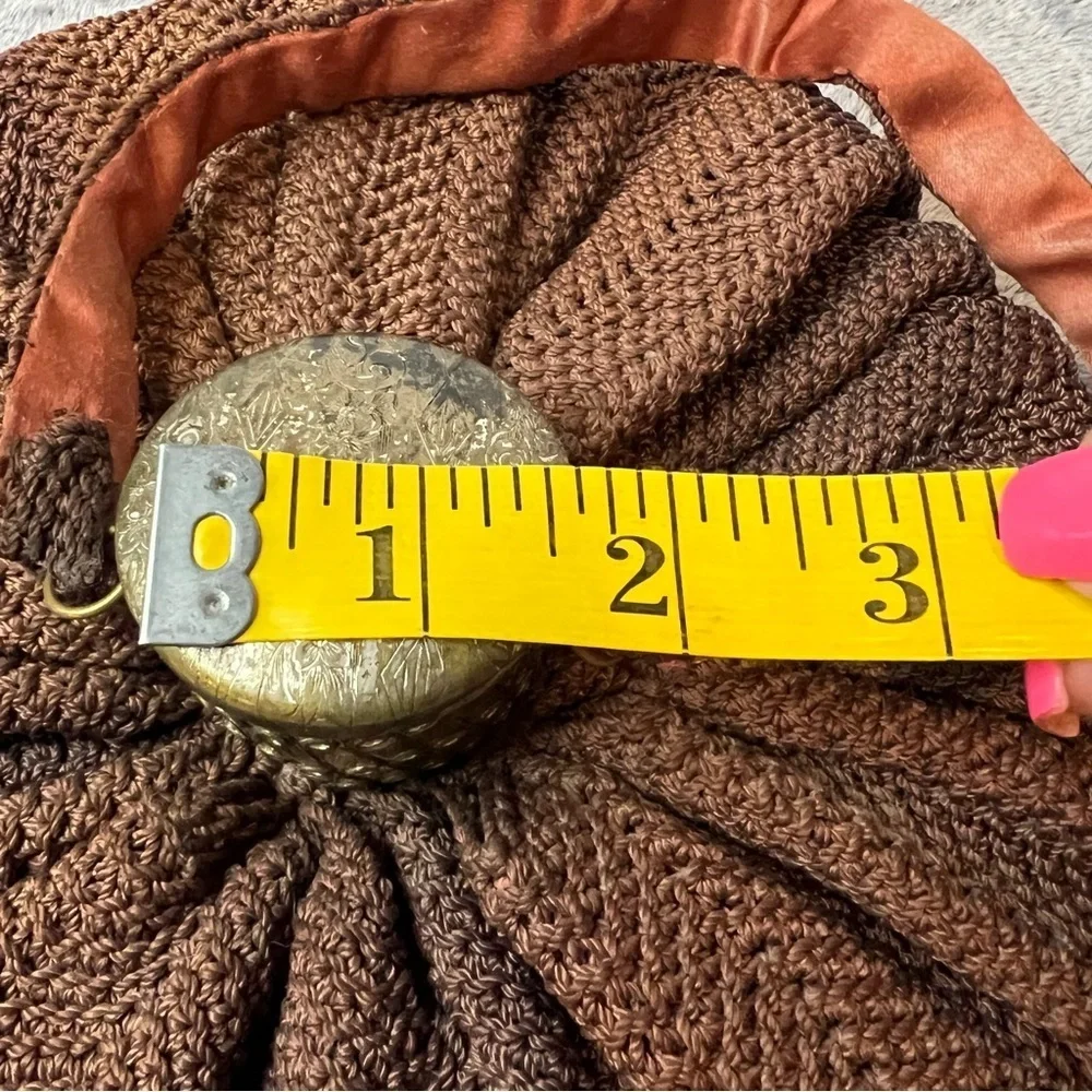 Victorian Brown Crochet Reticule Purse with Ornate Hinged Metal Lid
